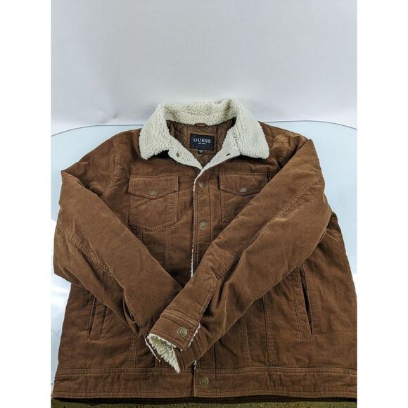 Guess Mens Sz Xxl Corduroy Trucker Jacket Brown Sherpa Collar Long Sleeve Snap - Picture 3 of 11